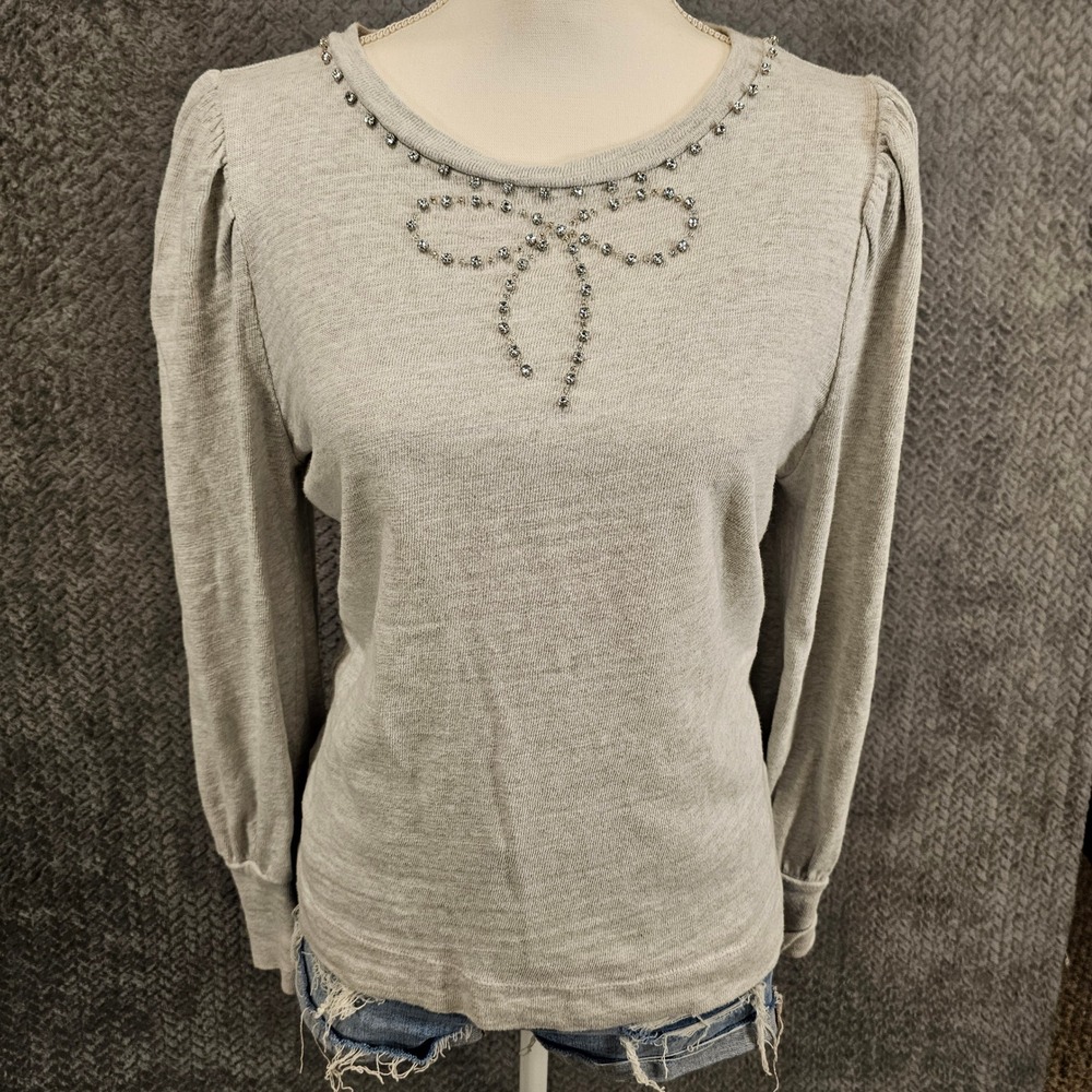 LOFT‎ Womens Light Gray Cotton Rhinestone Bow Puff Sleeve Sweatshirt Small S